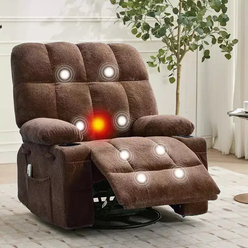 GustoWave Fauteuil inclinable de massage extra large avec chauffage, pivotant manuel, soutien lombaire, deux porte-gobelets, poches latérales, salon