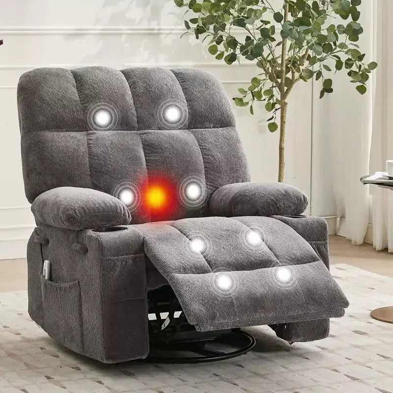 GustoWave Fauteuil inclinable de massage extra large avec chauffage, pivotant manuel, soutien lombaire, deux porte-gobelets, poches latérales, salon