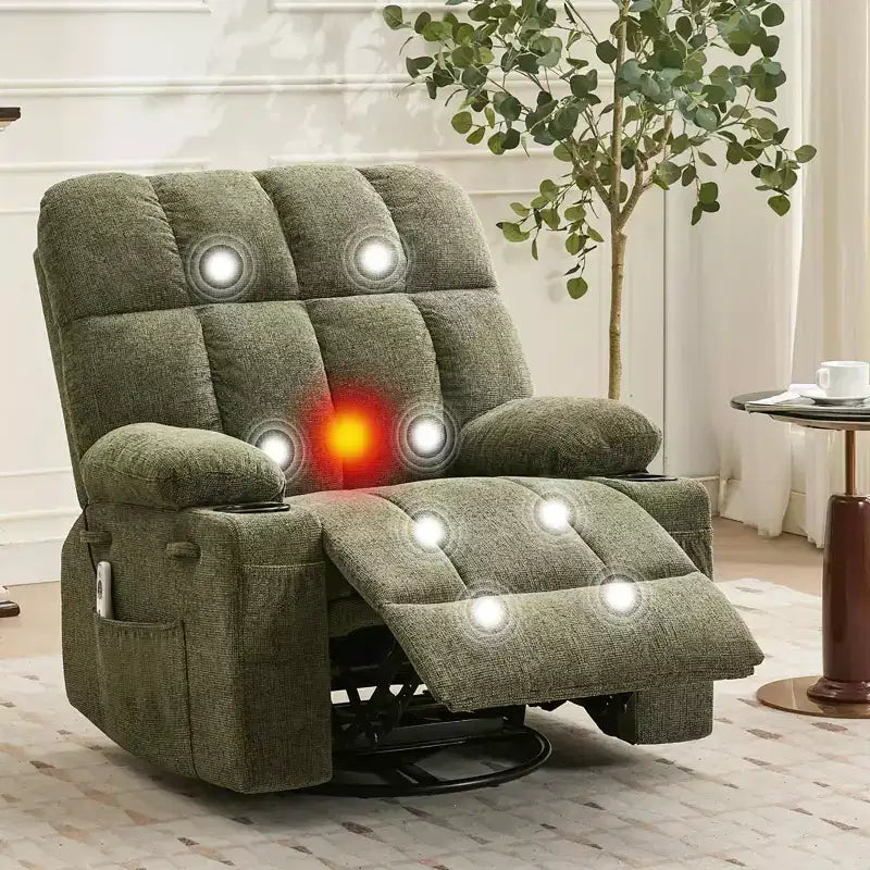 GustoWave Fauteuil inclinable de massage extra large avec chauffage, pivotant manuel, soutien lombaire, deux porte-gobelets, poches latérales, salon