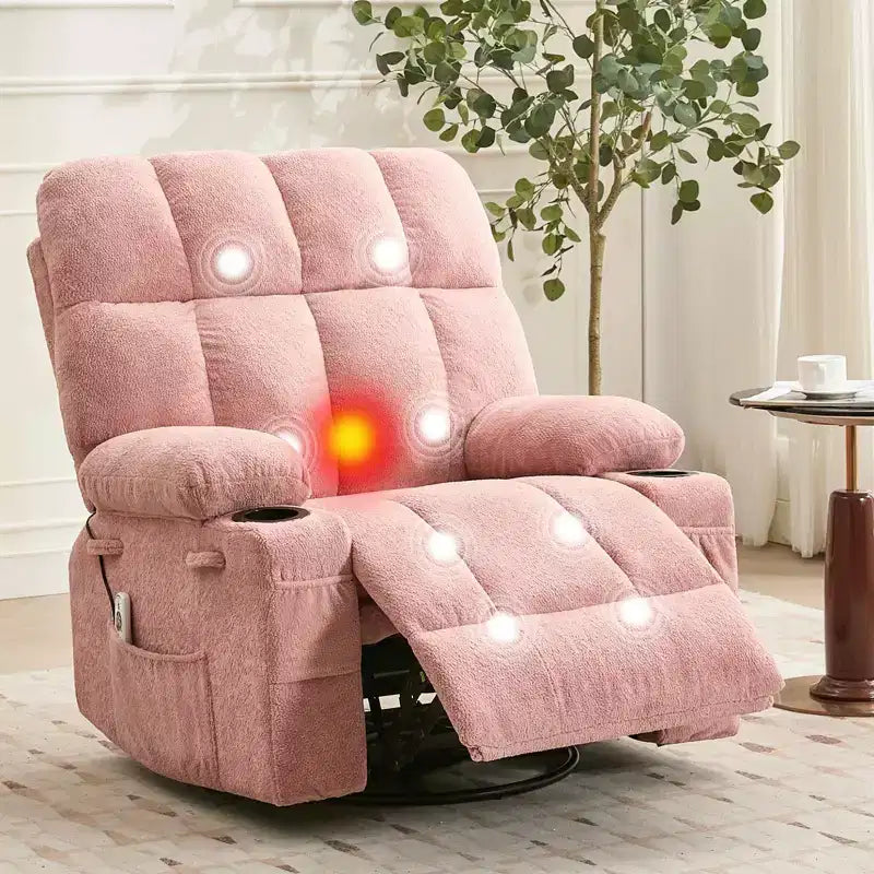 GustoWave Fauteuil inclinable de massage extra large avec chauffage, pivotant manuel, soutien lombaire, deux porte-gobelets, poches latérales, salon