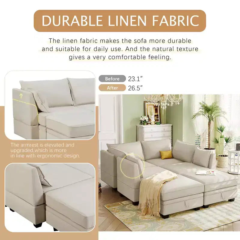 Canapé sectionnel, canapé d'angle en U avec méridienne réversible, canapé-lit convertible avec rangement supplémentaire pour salon, bureau, chambre à coucher beige
