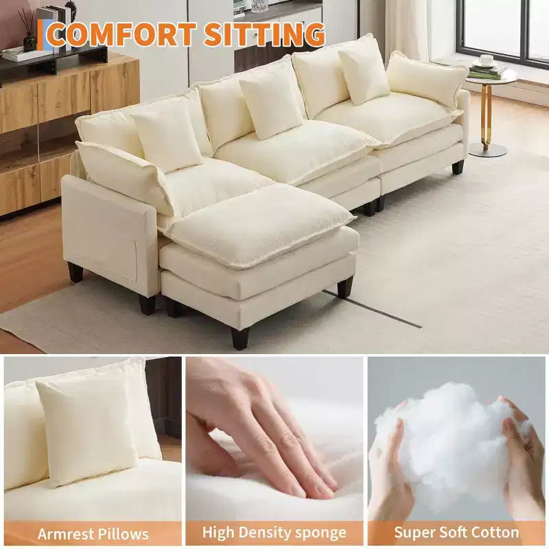 Canapé modulaire en L 112 "Cloud Couch" en tissu chenille/velours côtelé, siège profond avec ottoman et poches latérales pour salon/chambre à coucher