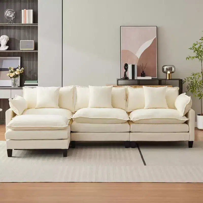 Canapé modulaire en L 112 "Cloud Couch" en tissu chenille/velours côtelé, siège profond avec ottoman et poches latérales pour salon/chambre à coucher