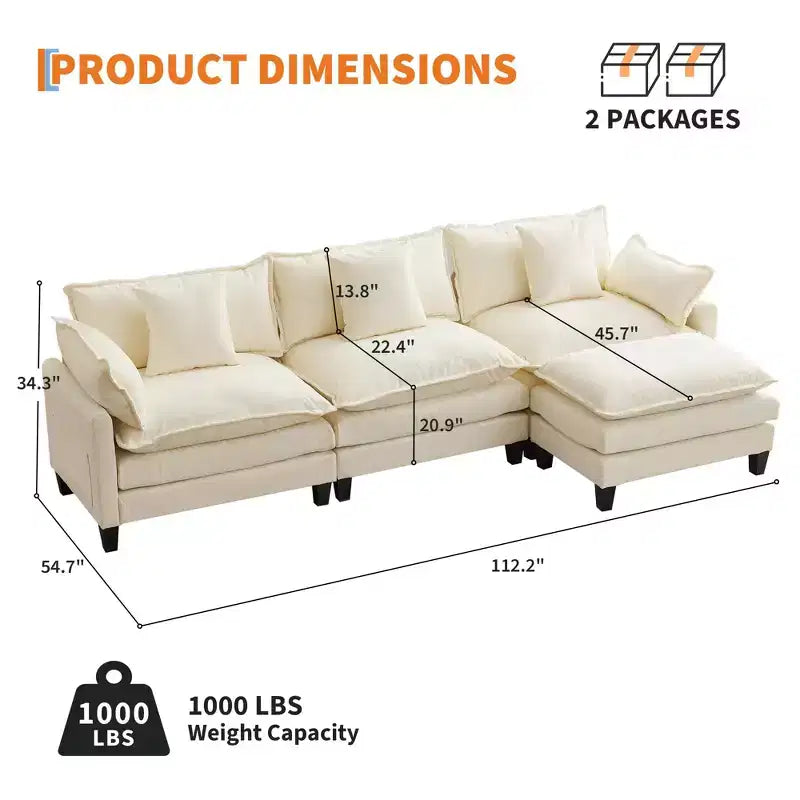 Canapé modulaire en L 112 "Cloud Couch" en tissu chenille/velours côtelé, siège profond avec ottoman et poches latérales pour salon/chambre à coucher