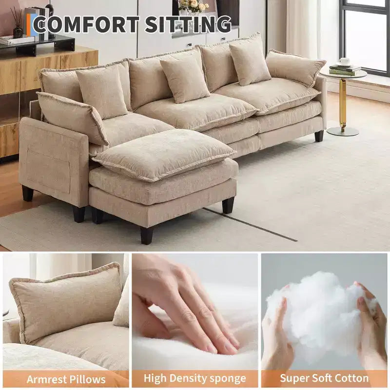 Canapé modulaire en L 112 "Cloud Couch" en tissu chenille/velours côtelé, siège profond avec ottoman et poches latérales pour salon/chambre à coucher