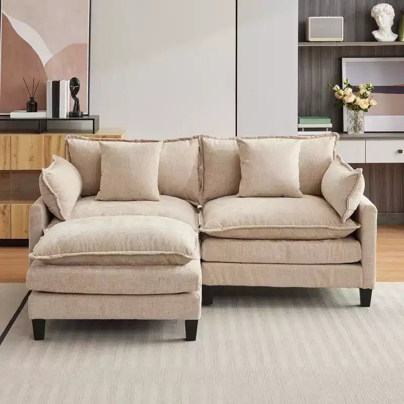 Canapé modulaire en L 112 "Cloud Couch" en tissu chenille/velours côtelé, siège profond avec ottoman et poches latérales pour salon/chambre à coucher