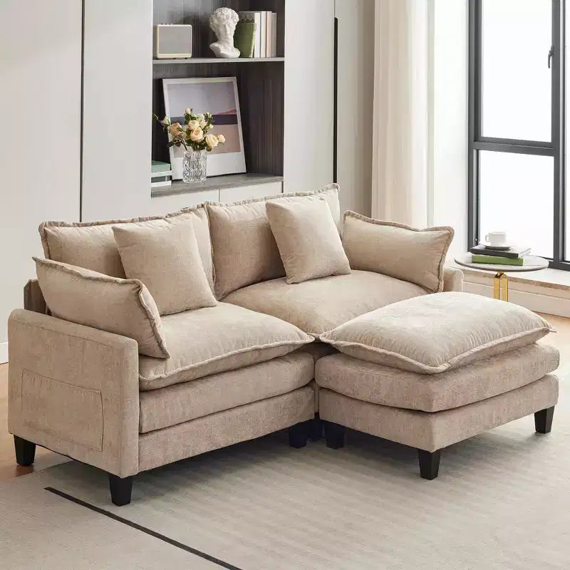 Canapé modulaire en L 112 "Cloud Couch" en tissu chenille/velours côtelé, siège profond avec ottoman et poches latérales pour salon/chambre à coucher
