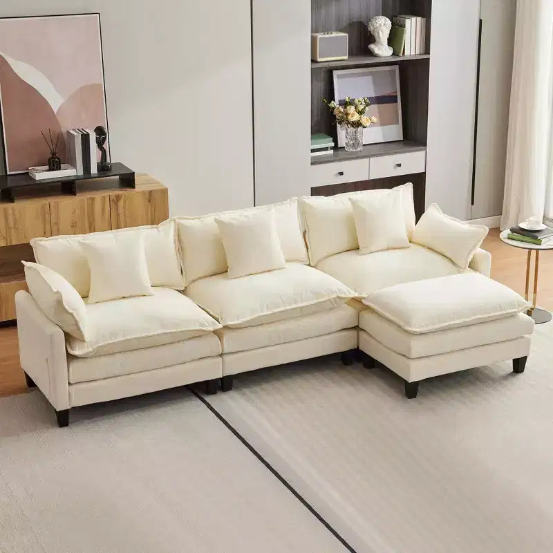 Canapé modulaire en L 112 "Cloud Couch" en tissu chenille/velours côtelé, siège profond avec ottoman et poches latérales pour salon/chambre à coucher