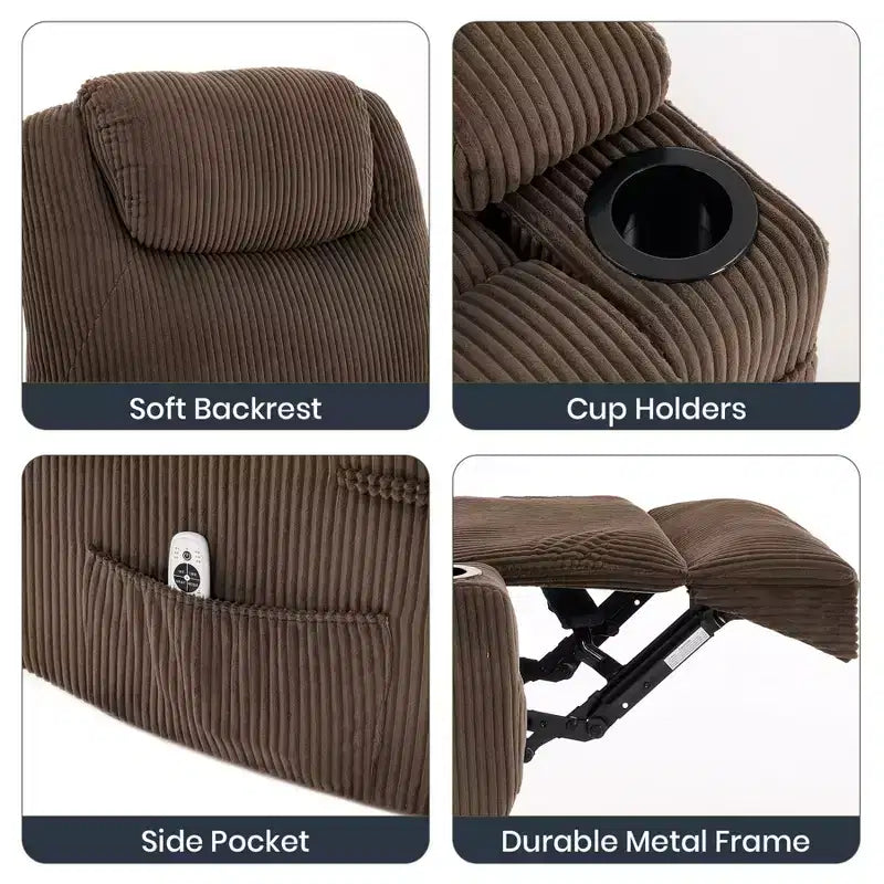 Fauteuil inclinable électrique en velours côtelé avec inclinaison à 155°, massage, chauffage, deux porte-gobelets et aide à la levée, fauteuil confortable ergonomique pour personnes âgées