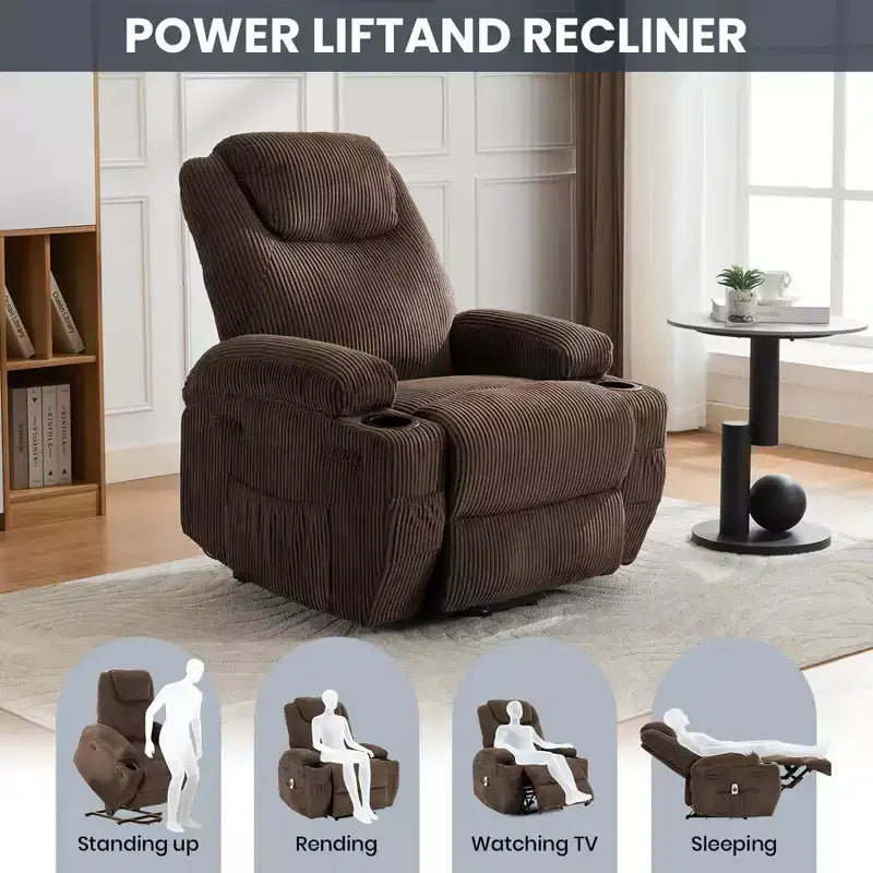 Fauteuil inclinable électrique en velours côtelé avec inclinaison à 155°, massage, chauffage, deux porte-gobelets et aide à la levée, fauteuil confortable ergonomique pour personnes âgées