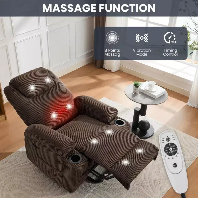 Fauteuil inclinable électrique en velours côtelé avec inclinaison à 155°, massage, chauffage, deux porte-gobelets et aide à la levée, fauteuil confortable ergonomique pour personnes âgées