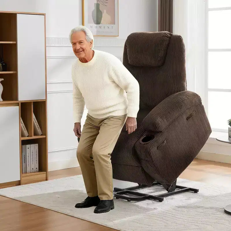 Fauteuil inclinable électrique en velours côtelé avec inclinaison à 155°, massage, chauffage, deux porte-gobelets et aide à la levée, fauteuil confortable ergonomique pour personnes âgées