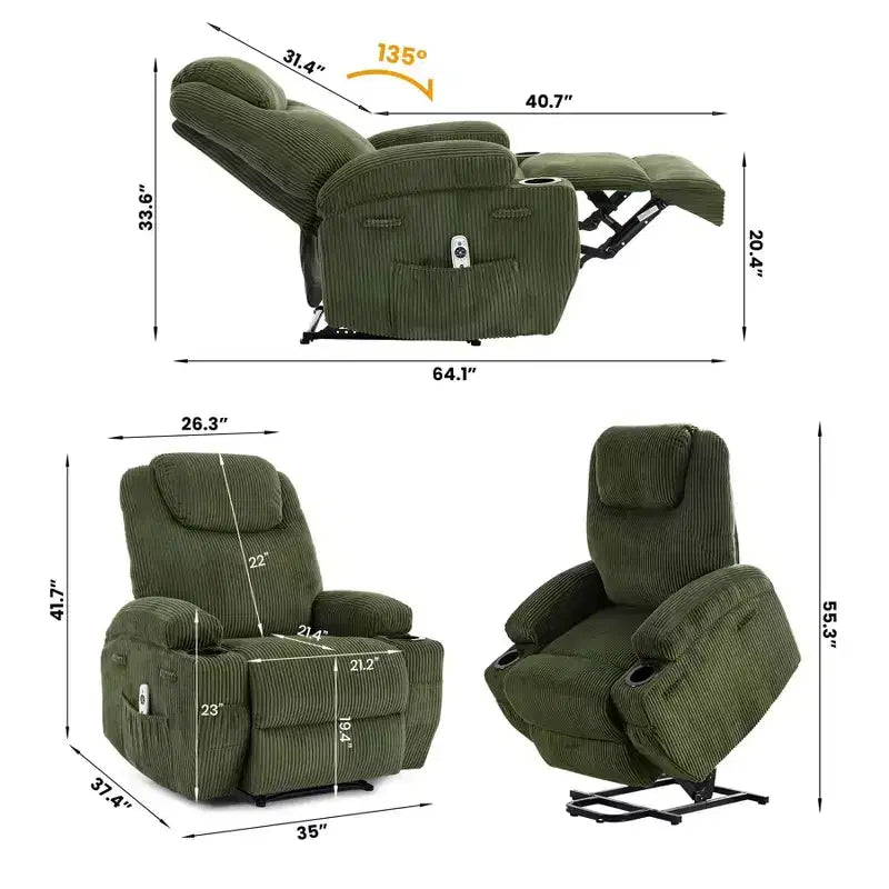 Fauteuil inclinable électrique en velours côtelé avec inclinaison à 155°, massage, chauffage, deux porte-gobelets et aide à la levée, fauteuil confortable ergonomique pour personnes âgées
