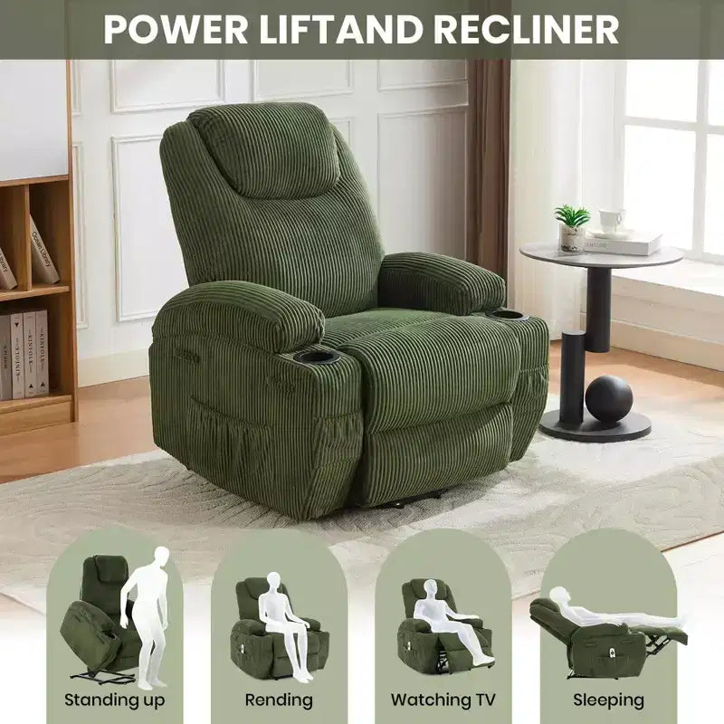 Fauteuil inclinable électrique en velours côtelé avec inclinaison à 155°, massage, chauffage, deux porte-gobelets et aide à la levée, fauteuil confortable ergonomique pour personnes âgées