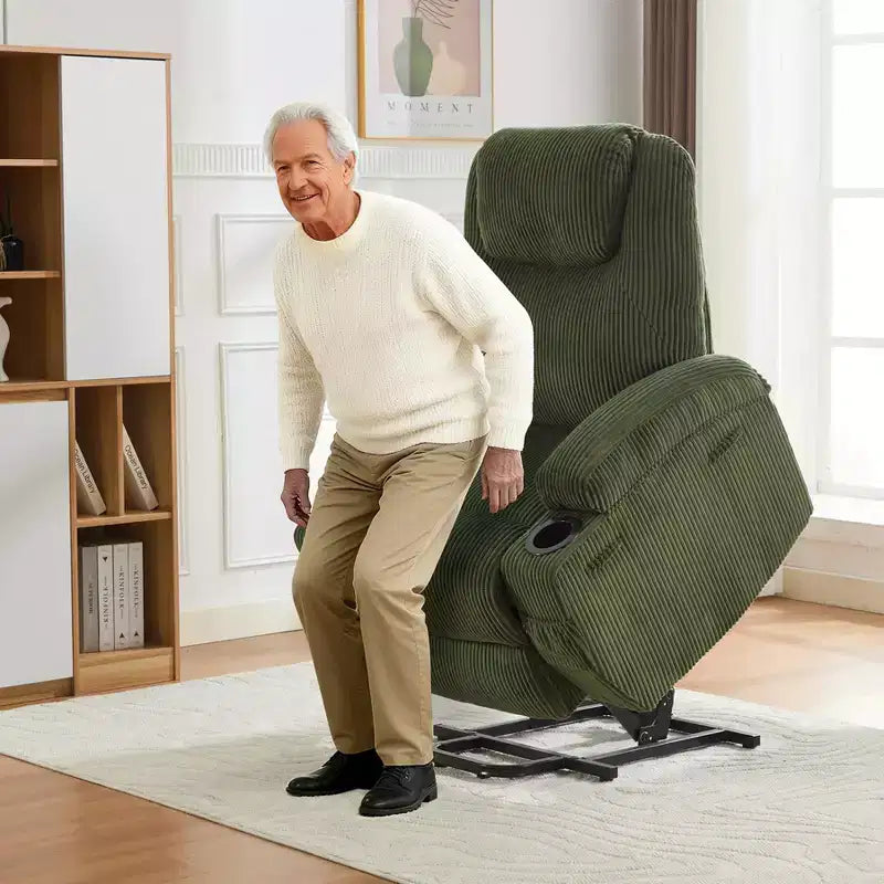 Fauteuil inclinable électrique en velours côtelé avec inclinaison à 155°, massage, chauffage, deux porte-gobelets et aide à la levée, fauteuil confortable ergonomique pour personnes âgées