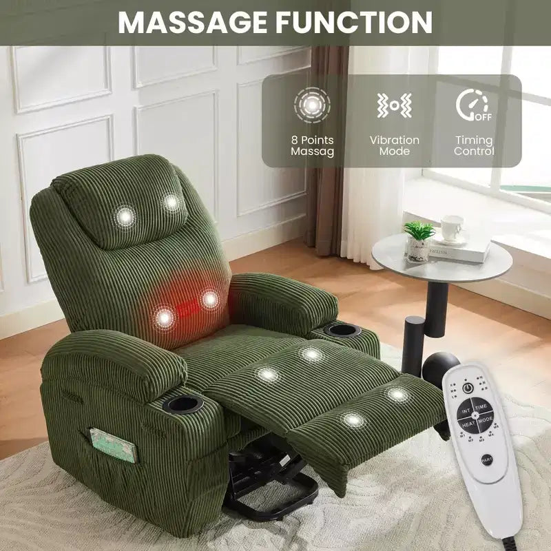 Fauteuil inclinable électrique en velours côtelé avec inclinaison à 155°, massage, chauffage, deux porte-gobelets et aide à la levée, fauteuil confortable ergonomique pour personnes âgées