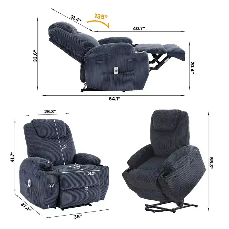 Fauteuil inclinable électrique en velours côtelé avec inclinaison à 155°, massage, chauffage, deux porte-gobelets et aide à la levée, fauteuil confortable ergonomique pour personnes âgées