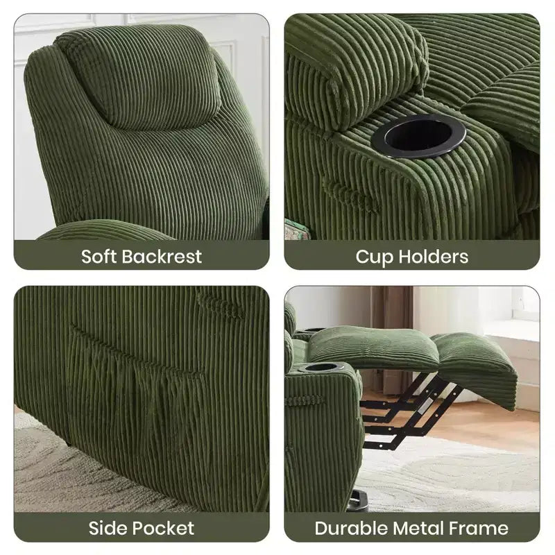 Fauteuil inclinable électrique en velours côtelé avec inclinaison à 155°, massage, chauffage, deux porte-gobelets et aide à la levée, fauteuil confortable ergonomique pour personnes âgées