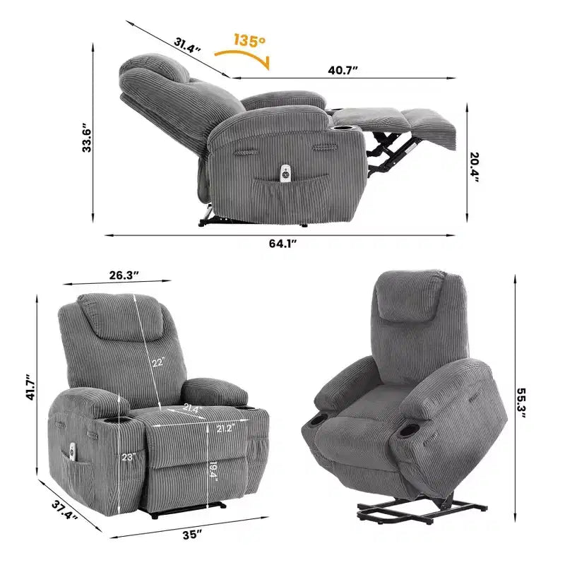 Fauteuil inclinable électrique en velours côtelé avec inclinaison à 155°, massage, chauffage, deux porte-gobelets et aide à la levée, fauteuil confortable ergonomique pour personnes âgées