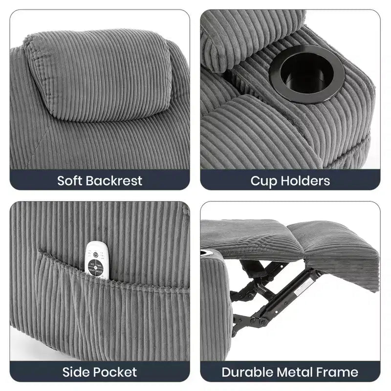 Fauteuil inclinable électrique en velours côtelé avec inclinaison à 155°, massage, chauffage, deux porte-gobelets et aide à la levée, fauteuil confortable ergonomique pour personnes âgées