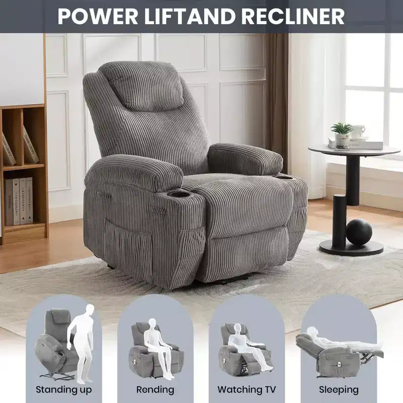Fauteuil inclinable électrique en velours côtelé avec inclinaison à 155°, massage, chauffage, deux porte-gobelets et aide à la levée, fauteuil confortable ergonomique pour personnes âgées