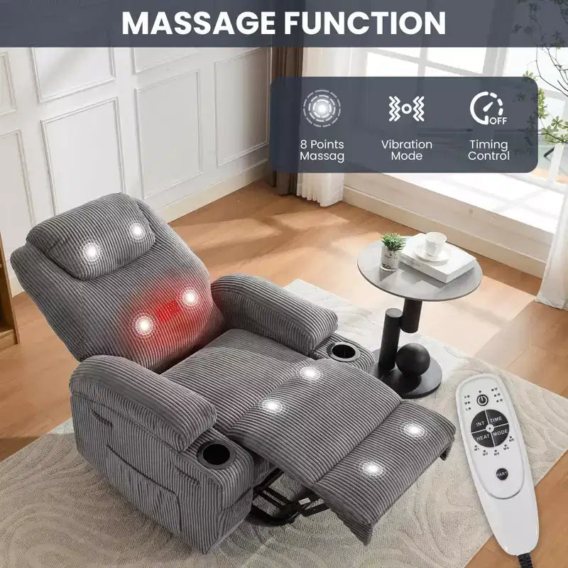 Fauteuil inclinable électrique en velours côtelé avec inclinaison à 155°, massage, chauffage, deux porte-gobelets et aide à la levée, fauteuil confortable ergonomique pour personnes âgées