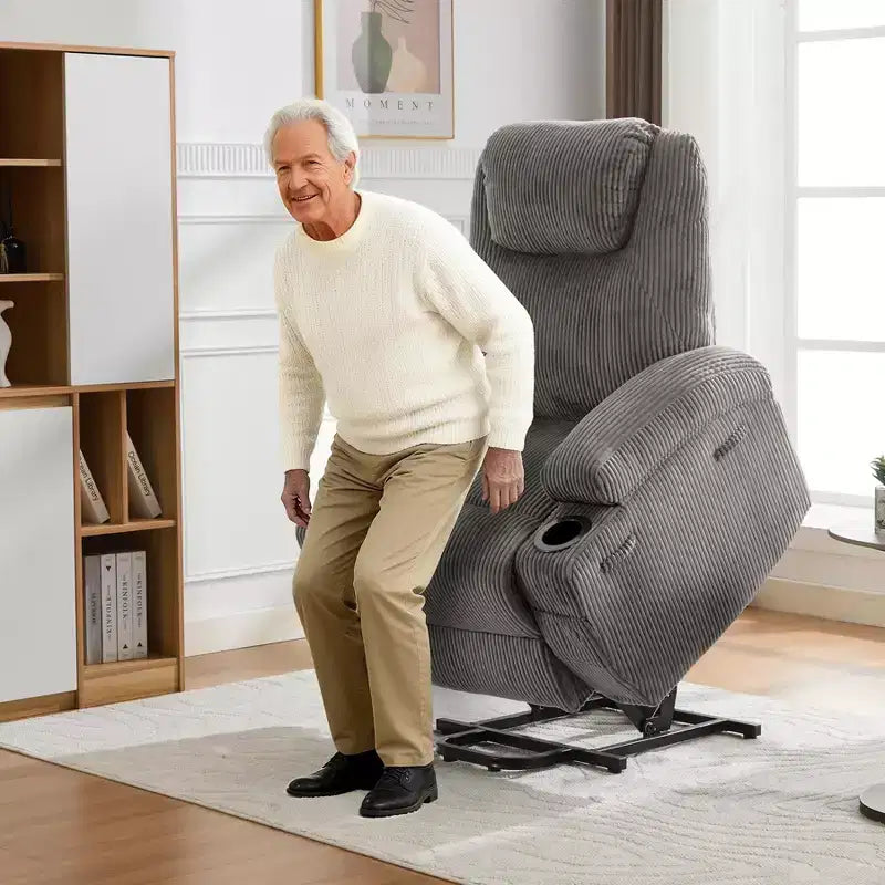 Fauteuil inclinable électrique en velours côtelé avec inclinaison à 155°, massage, chauffage, deux porte-gobelets et aide à la levée, fauteuil confortable ergonomique pour personnes âgées