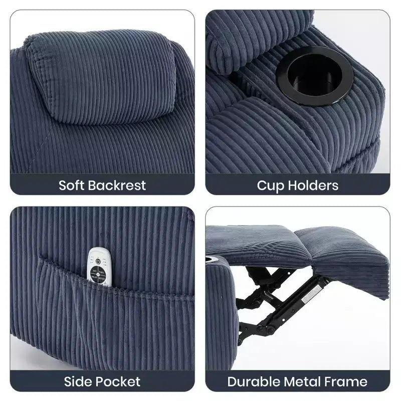 Fauteuil inclinable électrique en velours côtelé avec inclinaison à 155°, massage, chauffage, deux porte-gobelets et aide à la levée, fauteuil confortable ergonomique pour personnes âgées