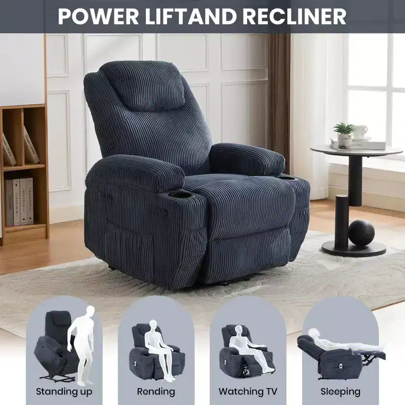 Fauteuil inclinable électrique en velours côtelé avec inclinaison à 155°, massage, chauffage, deux porte-gobelets et aide à la levée, fauteuil confortable ergonomique pour personnes âgées