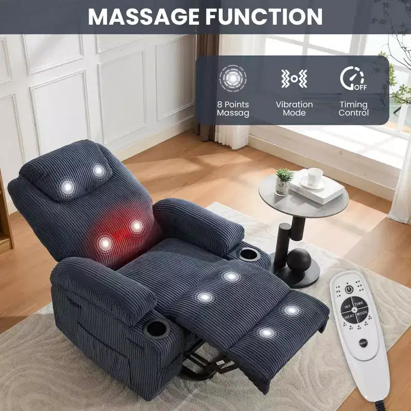 Fauteuil inclinable électrique en velours côtelé avec inclinaison à 155°, massage, chauffage, deux porte-gobelets et aide à la levée, fauteuil confortable ergonomique pour personnes âgées