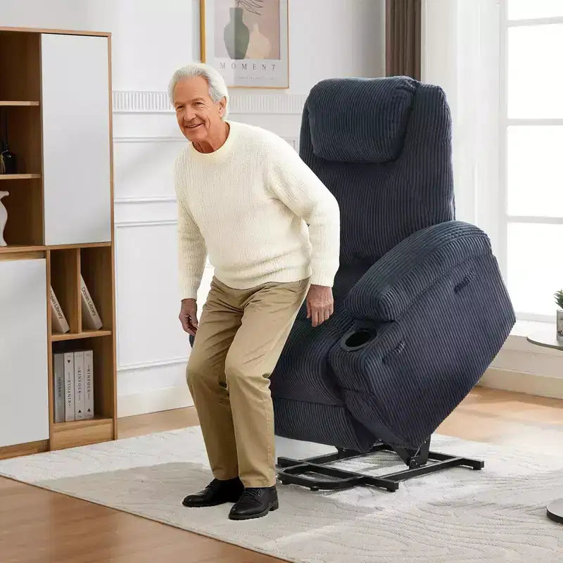 Fauteuil inclinable électrique en velours côtelé avec inclinaison à 155°, massage, chauffage, deux porte-gobelets et aide à la levée, fauteuil confortable ergonomique pour personnes âgées
