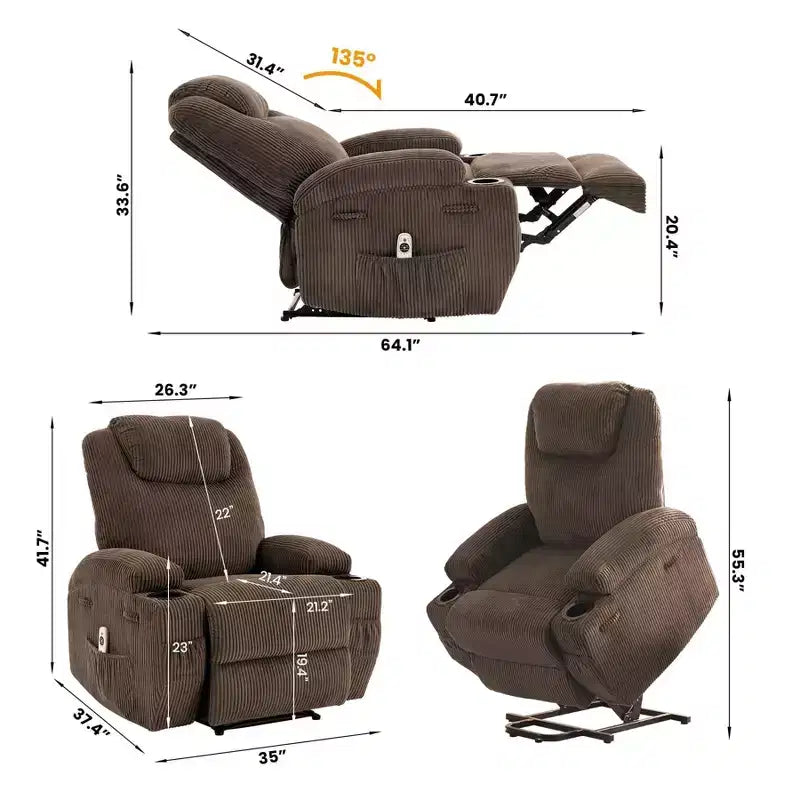 Fauteuil inclinable électrique en velours côtelé avec inclinaison à 155°, massage, chauffage, deux porte-gobelets et aide à la levée, fauteuil confortable ergonomique pour personnes âgées