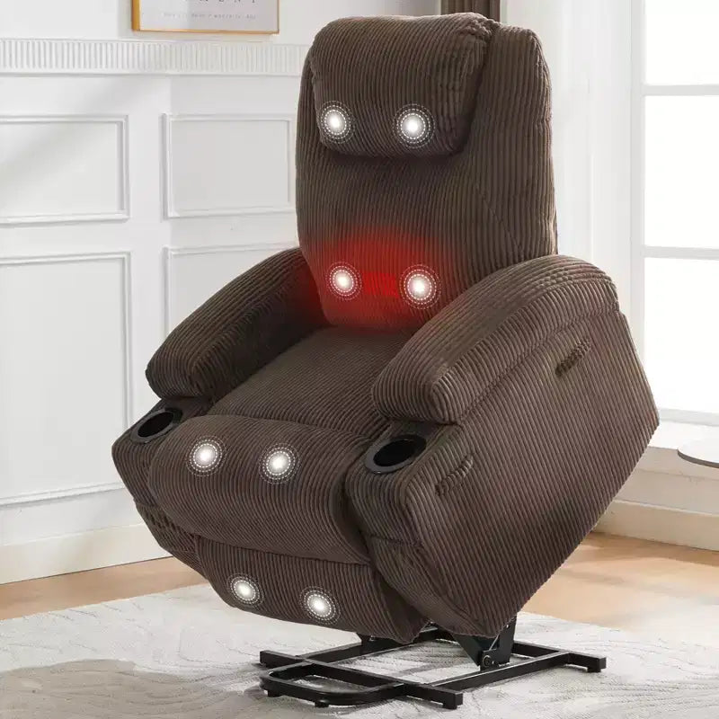 Fauteuil inclinable électrique en velours côtelé avec inclinaison à 155°, massage, chauffage, deux porte-gobelets et aide à la levée, fauteuil confortable ergonomique pour personnes âgées
