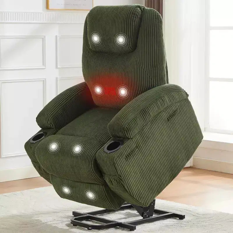 Fauteuil inclinable électrique en velours côtelé avec inclinaison à 155°, massage, chauffage, deux porte-gobelets et aide à la levée, fauteuil confortable ergonomique pour personnes âgées