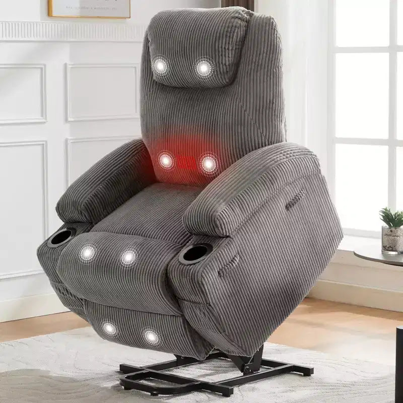 Fauteuil inclinable électrique en velours côtelé avec inclinaison à 155°, massage, chauffage, deux porte-gobelets et aide à la levée, fauteuil confortable ergonomique pour personnes âgées