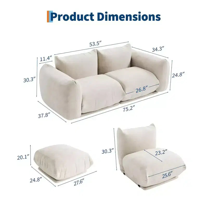 Ensemble de canapé, canapé nuage modulaire en chenille, canapé sans armature à assise profonde pour petit salon/bureau blanc