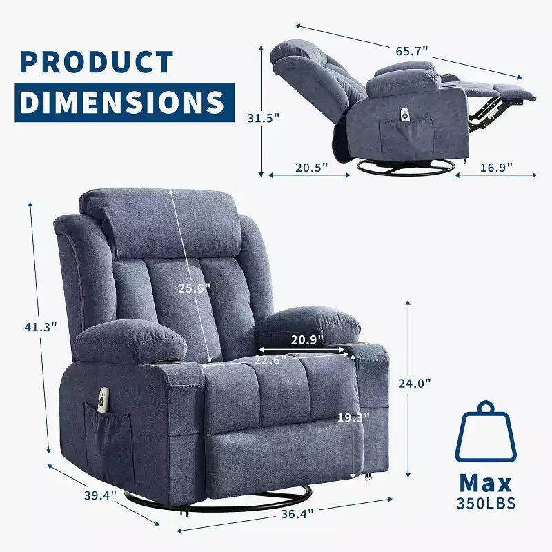 Fauteuil inclinable pivotant sur 360° surdimensionné avec fonctions chauffante et massante. Fauteuil à bascule large pour personnes de grande taille et fortes, 3 positions, porte-gobelets, port USB et pochette. Le fauteuil de relaxation par excellence.