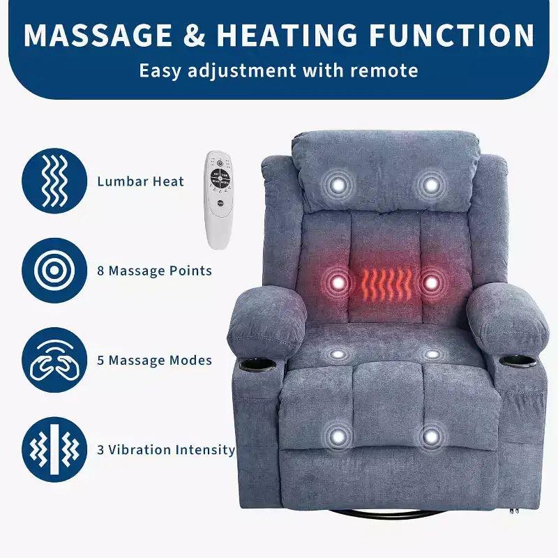 Fauteuil inclinable pivotant sur 360° surdimensionné avec fonctions chauffante et massante. Fauteuil à bascule large pour personnes de grande taille et fortes, 3 positions, porte-gobelets, port USB et pochette. Le fauteuil de relaxation par excellence.