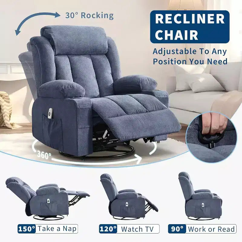 Fauteuil inclinable pivotant sur 360° surdimensionné avec fonctions chauffante et massante. Fauteuil à bascule large pour personnes de grande taille et fortes, 3 positions, porte-gobelets, port USB et pochette. Le fauteuil de relaxation par excellence.