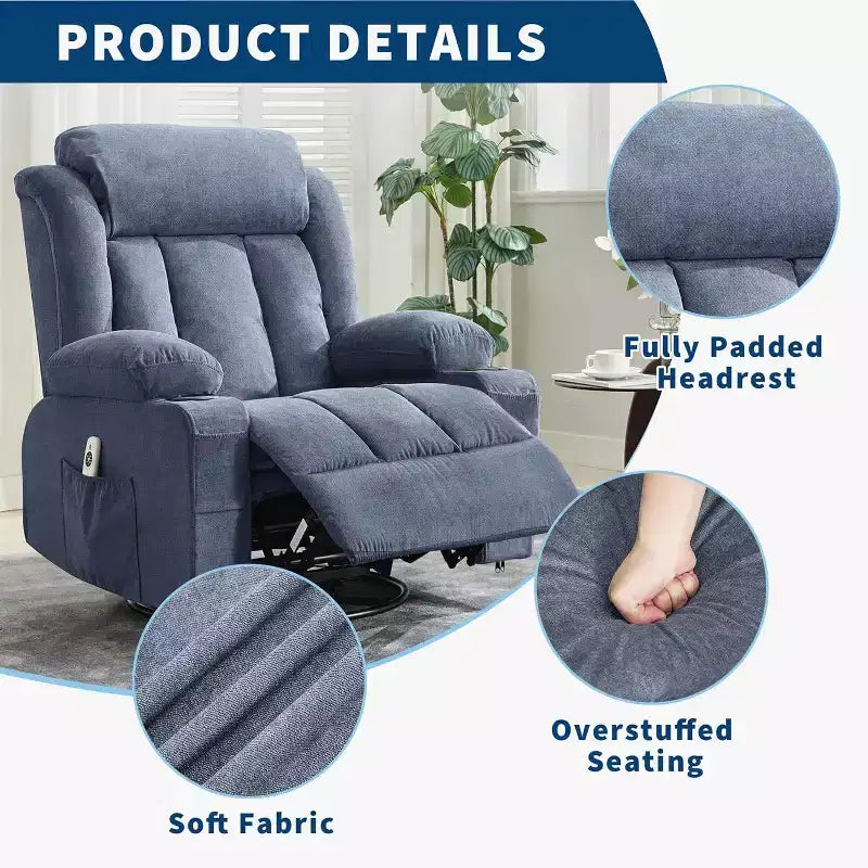 Fauteuil inclinable pivotant sur 360° surdimensionné avec fonctions chauffante et massante. Fauteuil à bascule large pour personnes de grande taille et fortes, 3 positions, porte-gobelets, port USB et pochette. Le fauteuil de relaxation par excellence.