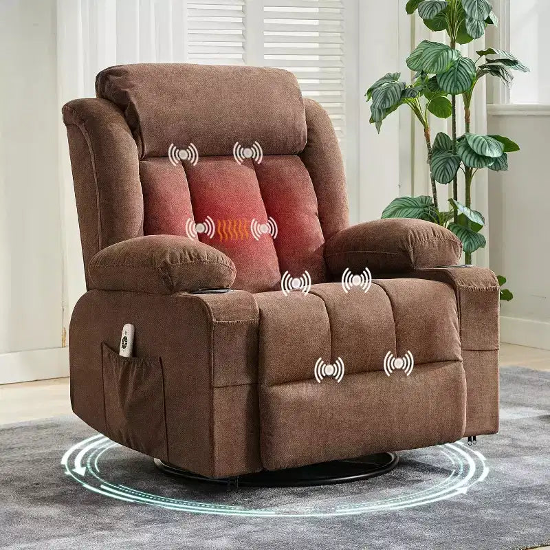 Fauteuil inclinable pivotant sur 360° surdimensionné avec fonctions chauffante et massante. Fauteuil à bascule large pour personnes de grande taille et fortes, 3 positions, porte-gobelets, port USB et pochette. Le fauteuil de relaxation par excellence.