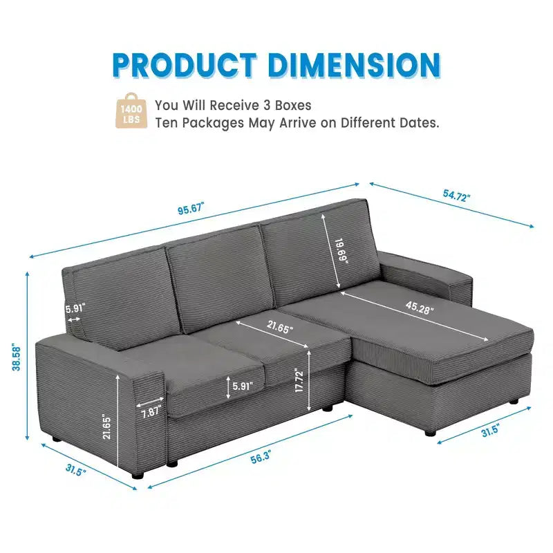 Canapé modulaire sectionnel en forme de L, assise profonde en velours côtelé, convertible en lit avec housses lavables pour salon/bureau gris