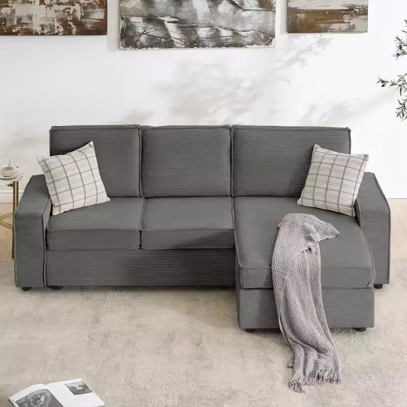 Canapé modulaire sectionnel en forme de L, assise profonde en velours côtelé, convertible en lit avec housses lavables pour salon/bureau gris