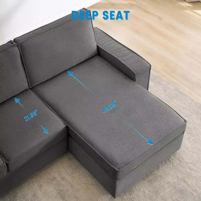Canapé modulaire sectionnel en forme de L, assise profonde en velours côtelé, convertible en lit avec housses lavables pour salon/bureau gris