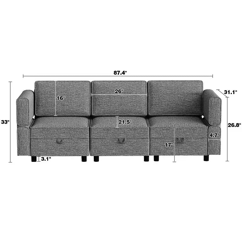 Canapé d'angle canapé lounge 222 cm de large, accoudoir + 3 modules centraux, assise profonde de 84 cm, dossier de 68 cm, connecteurs rapides sans outils pour salon, gris