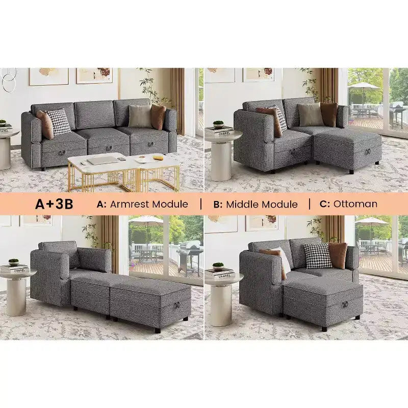 Canapé d'angle canapé lounge 222 cm de large, accoudoir + 3 modules centraux, assise profonde de 84 cm, dossier de 68 cm, connecteurs rapides sans outils pour salon, gris