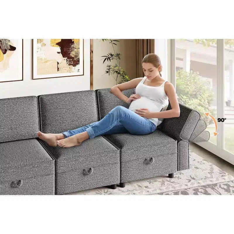 Canapé d'angle canapé lounge 222 cm de large, accoudoir + 3 modules centraux, assise profonde de 84 cm, dossier de 68 cm, connecteurs rapides sans outils pour salon, gris
