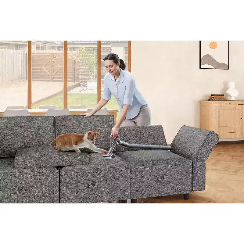 Canapé d'angle canapé lounge 222 cm de large, accoudoir + 3 modules centraux, assise profonde de 84 cm, dossier de 68 cm, connecteurs rapides sans outils pour salon, gris