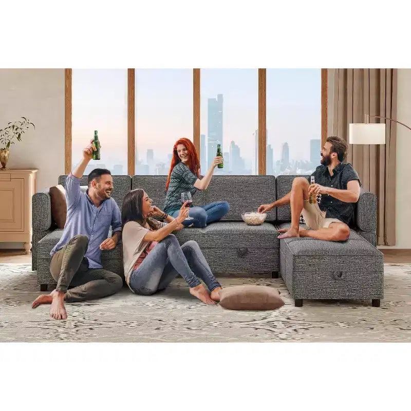 Canapé d'angle canapé lounge 222 cm de large, accoudoir + 3 modules centraux, assise profonde de 84 cm, dossier de 68 cm, connecteurs rapides sans outils pour salon, gris