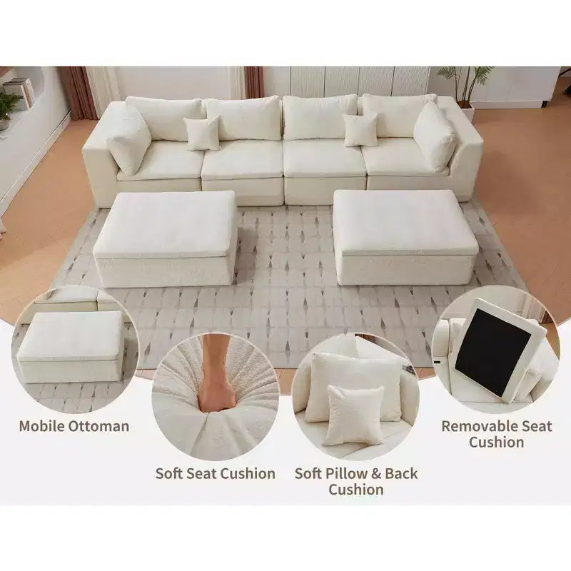 Canapé sectionnel modulaire 140 en U, Cloud Boneless avec double méridienne/ottoman et oreillers en mousse à mémoire de forme Chenille pour salon